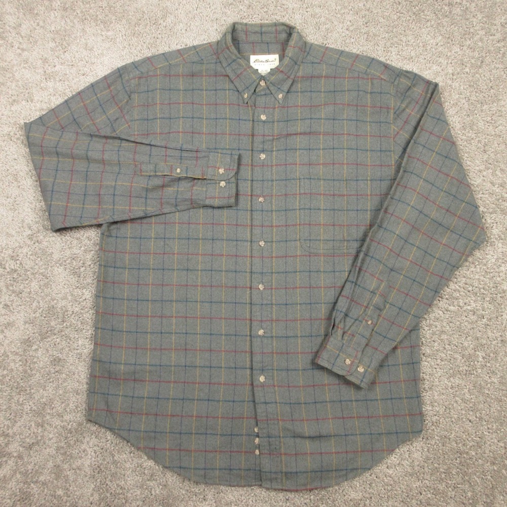 Vintage Eddie Bauer Shirt Mens XL Tall Green Plaid Twill Flannel Button Up Work